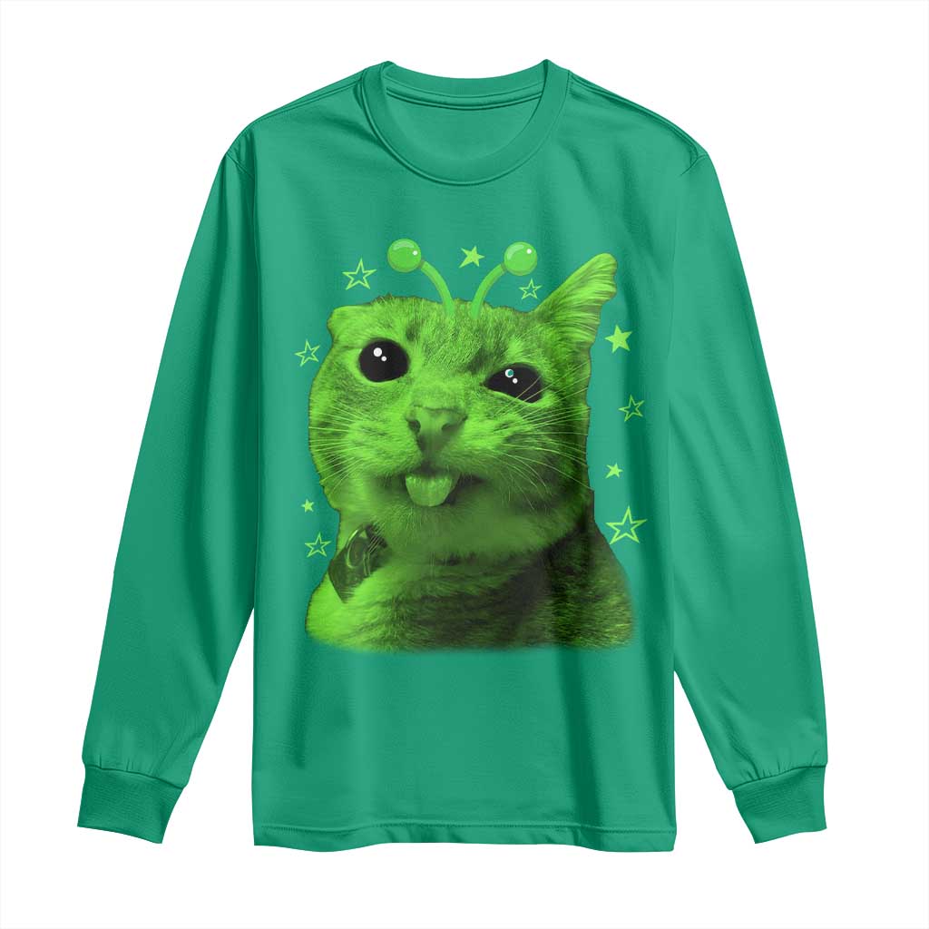 Funny Alien Cat Meme Retro Y2K Vintage Space Kitty Long Sleeve Shirt