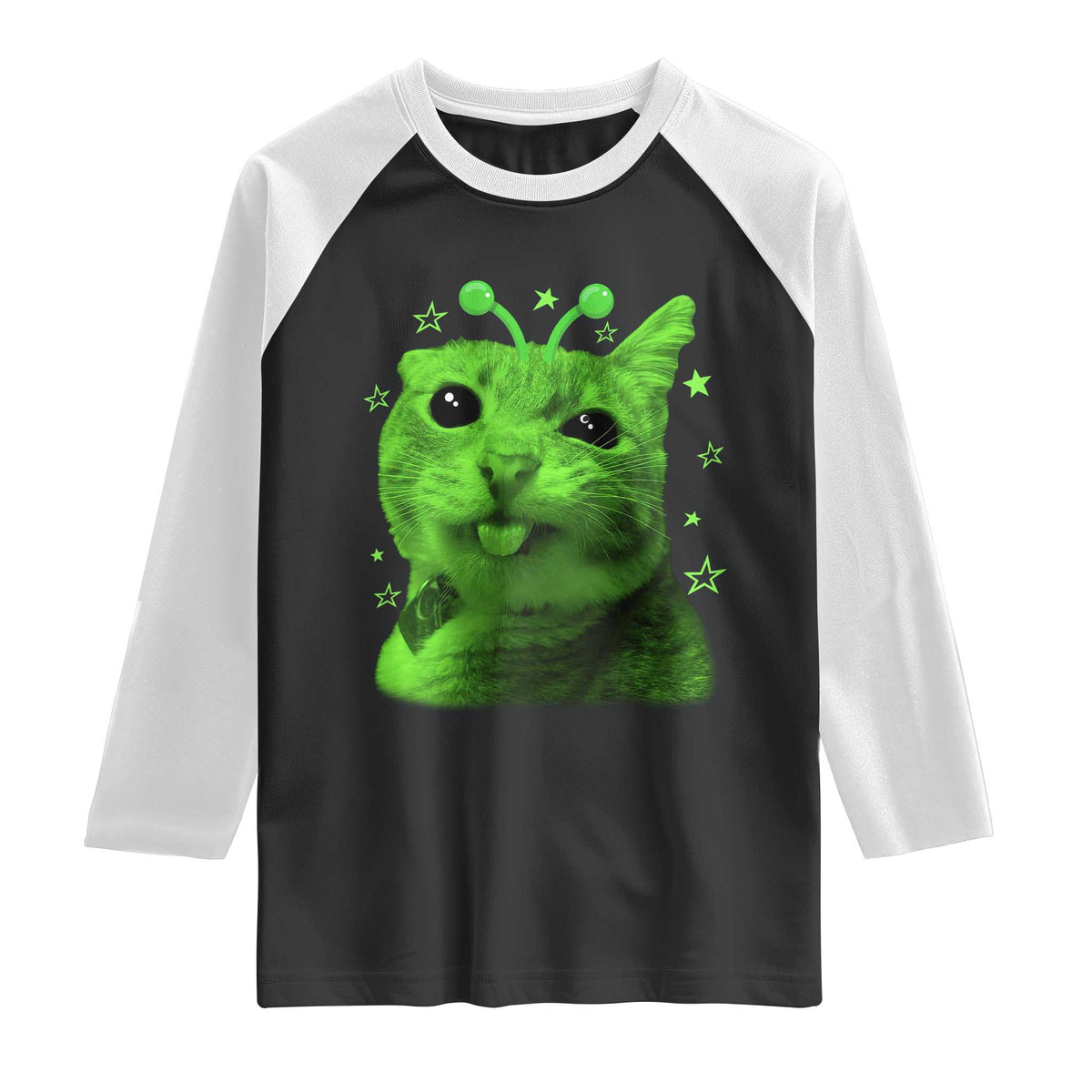 Funny Alien Cat Meme Retro Y2K Vintage Space Kitty Raglan Shirt