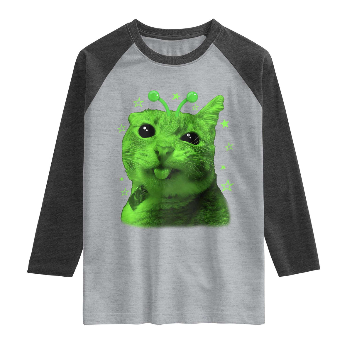 Funny Alien Cat Meme Retro Y2K Vintage Space Kitty Raglan Shirt