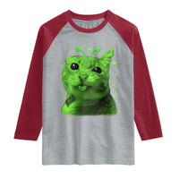 Funny Alien Cat Meme Retro Y2K Vintage Space Kitty Raglan Shirt