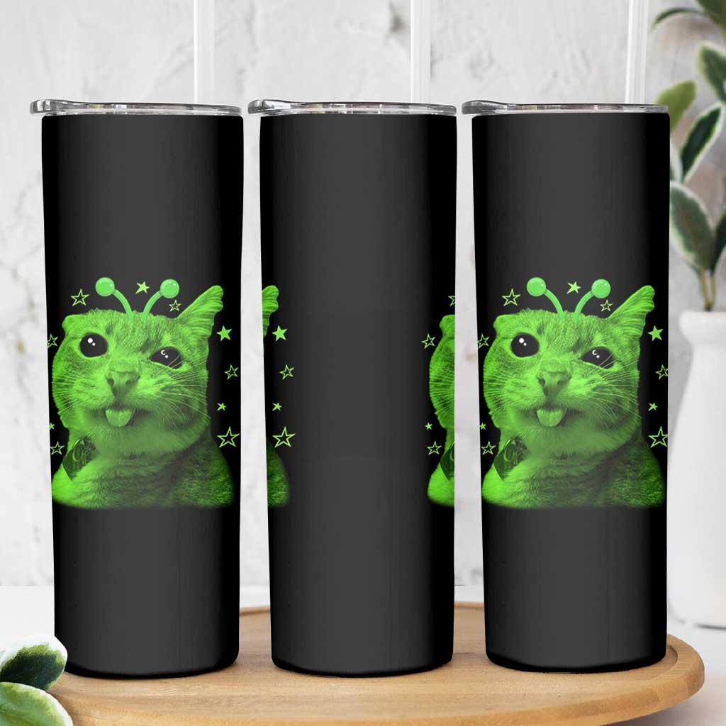 Funny Alien Cat Meme Retro Y2K Vintage Space Kitty Skinny Tumbler