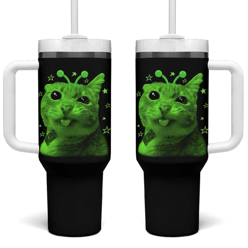Funny Alien Cat Meme Retro Y2K Vintage Space Kitty Tumbler With Handle