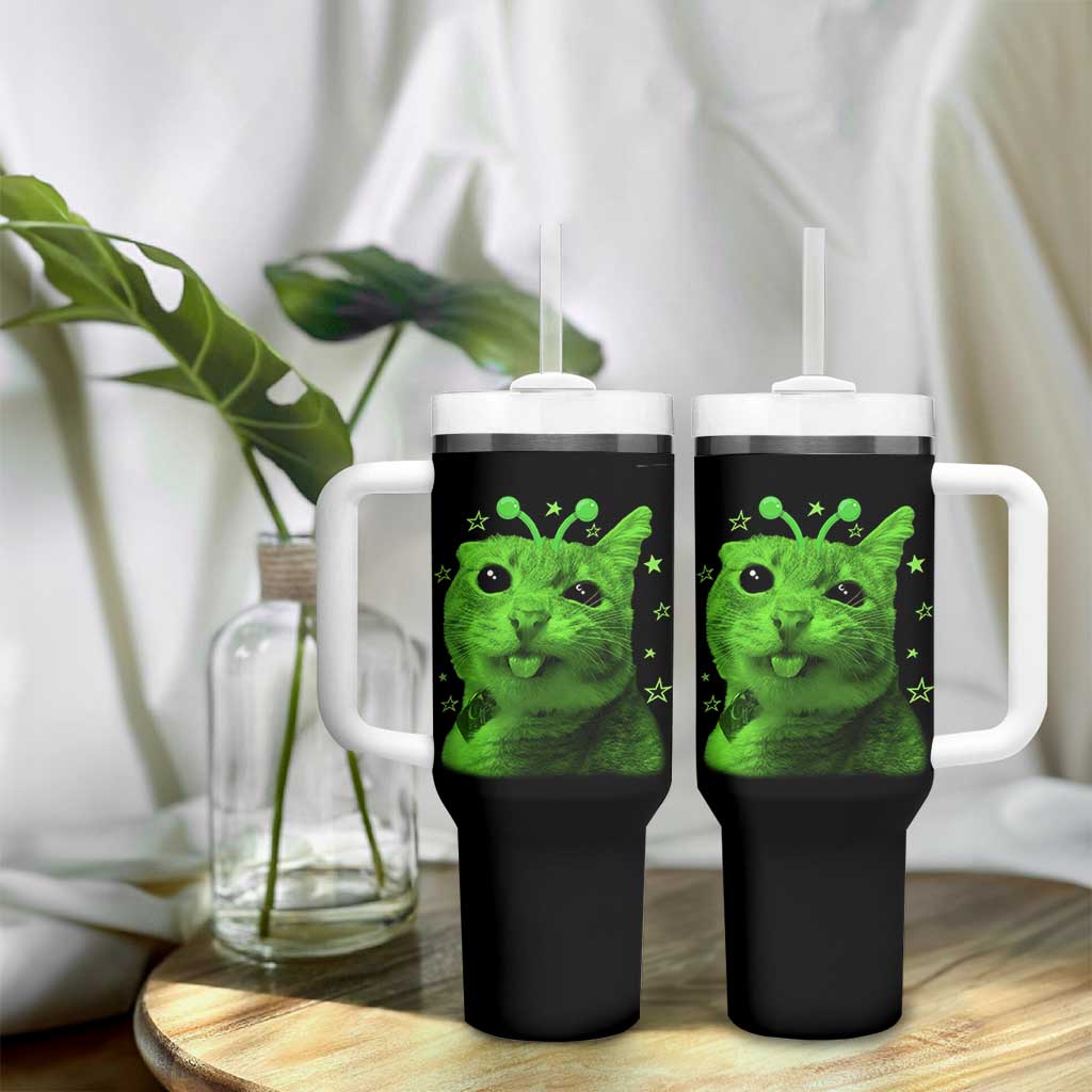 Funny Alien Cat Meme Retro Y2K Vintage Space Kitty Tumbler With Handle