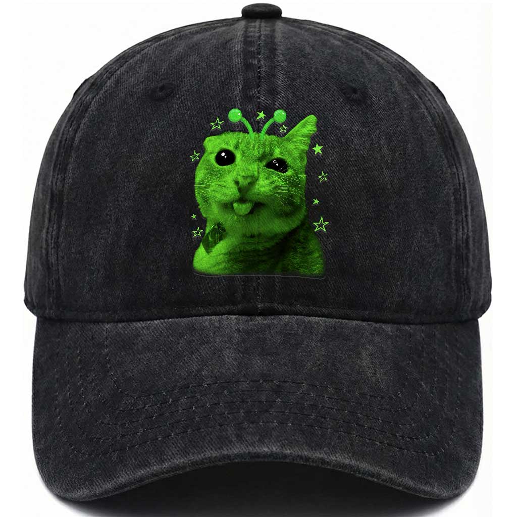 Funny Alien Cat Meme Retro Y2K Vintage Space Kitty Washed Cotton Baseball Cap