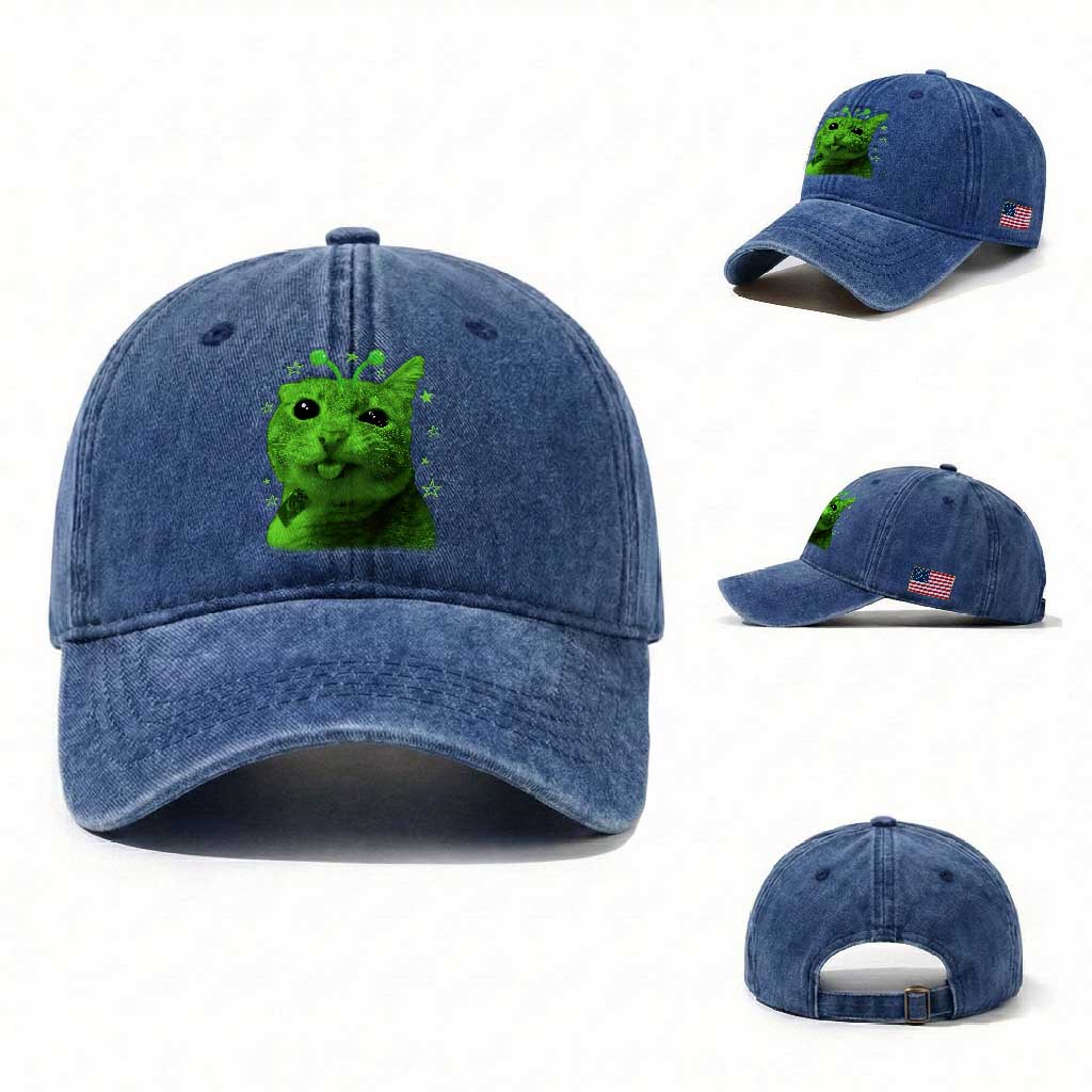 Funny Alien Cat Meme Retro Y2K Vintage Space Kitty Washed Cotton Baseball Cap