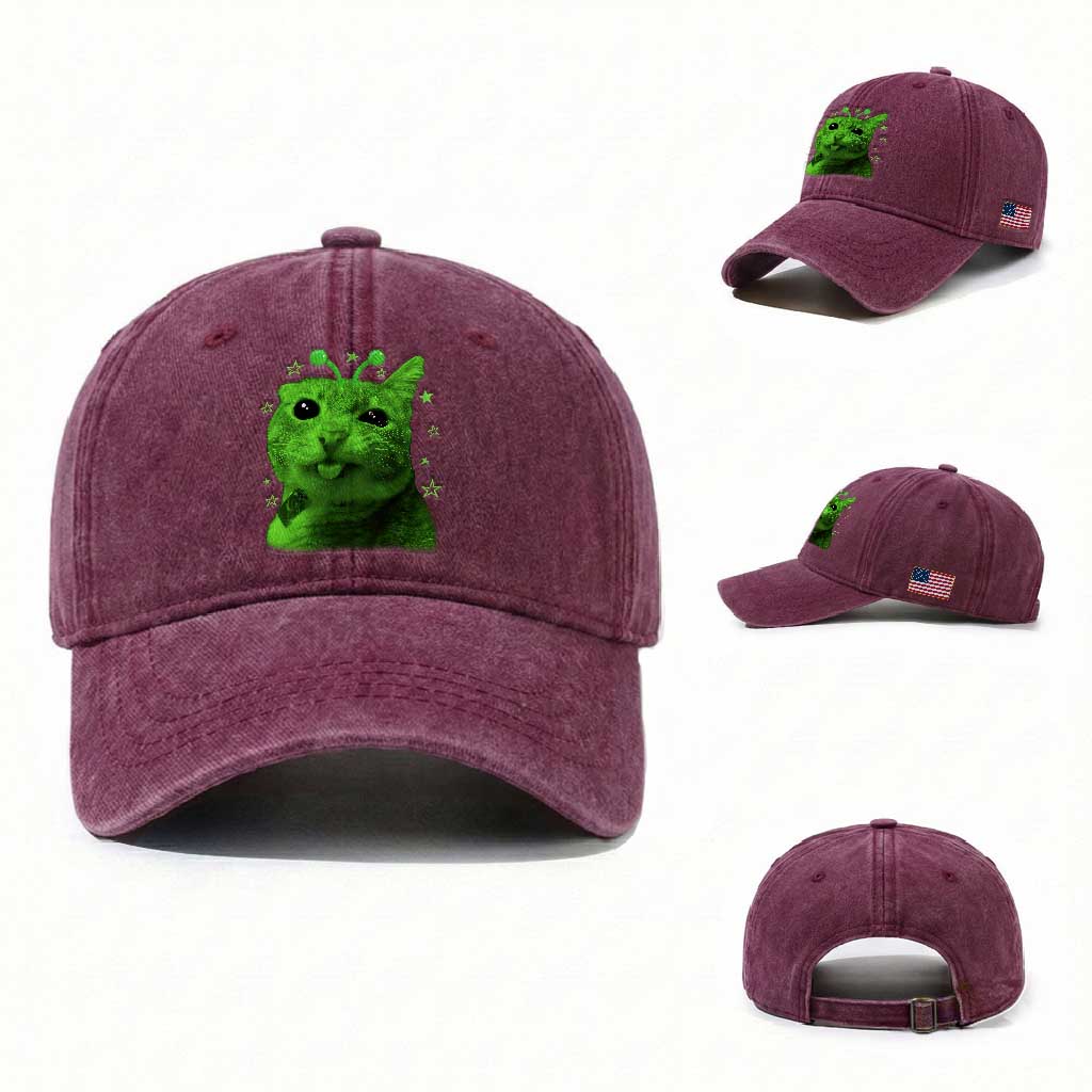 Funny Alien Cat Meme Retro Y2K Vintage Space Kitty Washed Cotton Baseball Cap