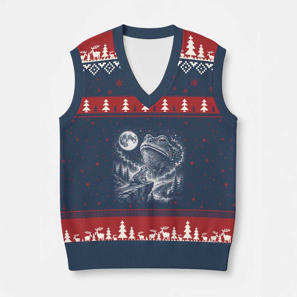 Frog Moon V-Neck Knit Sweater Vest Vintage 90s Frog Howling to Moon Parody Meme
