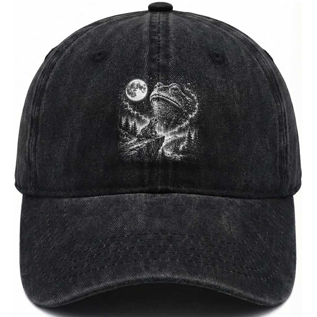Frog Moon Washed Cotton Baseball Cap Vintage 90s Frog Howling to Moon Parody Meme