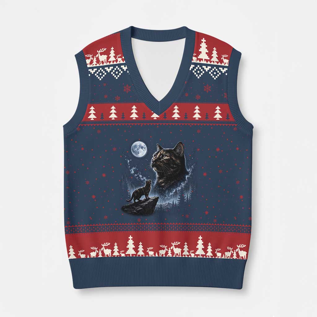 Tortoiseshell Cat Howling To The Moon V-Neck Knit Sweater Vest Tortie Cat Lover 90s Retro