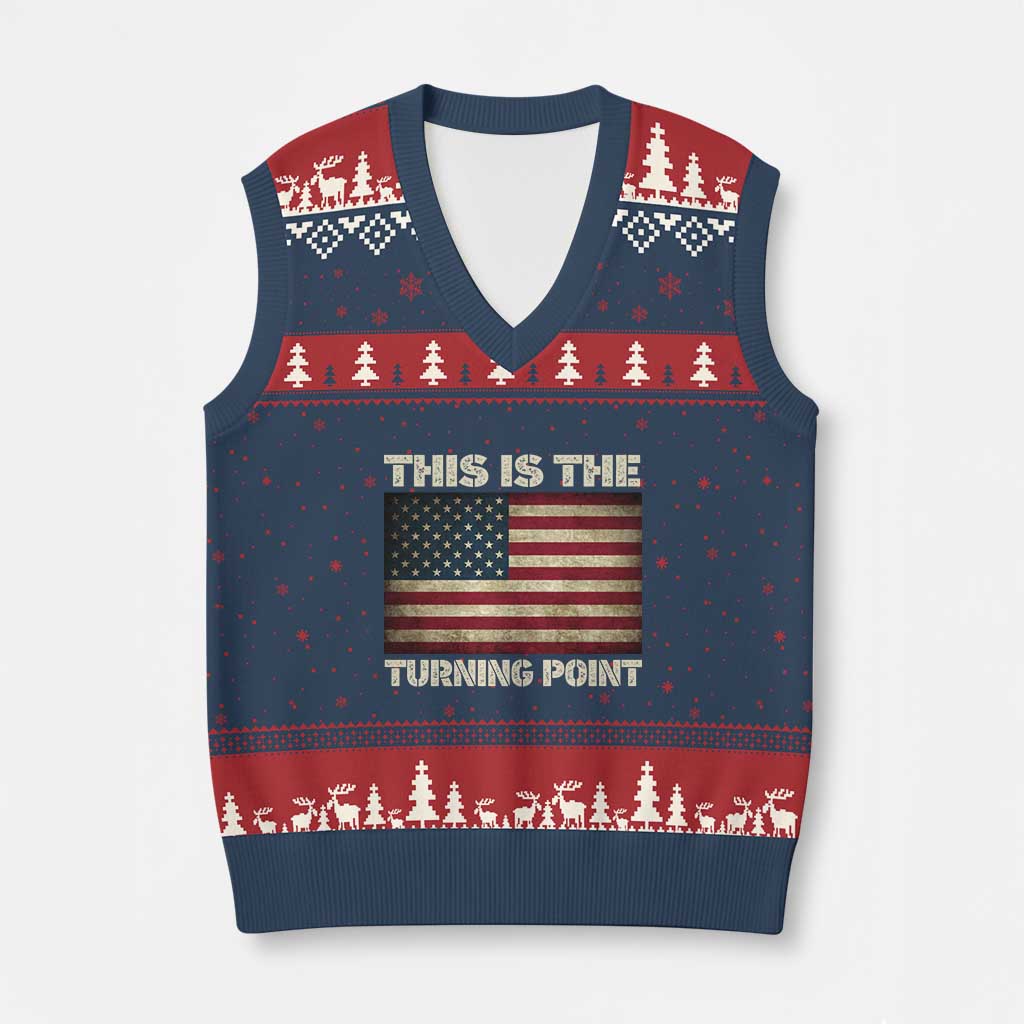 Retro This is The Turning Point V-Neck Knit Sweater Vest Vintage USA Freedom Patriotic America Flag - Wonder Print Shop