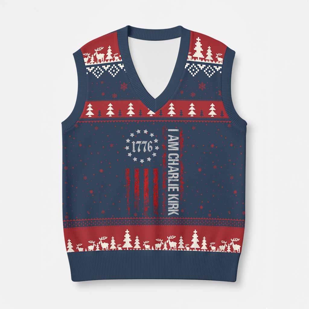 I Am Charlie Kirk V-Neck Knit Sweater Vest Freedom Vintage Old American Flag Patriotic 1776 - Wonder Print Shop