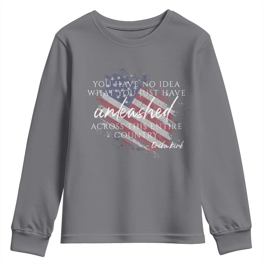 Charlie Kirk Memorial Youth Sweatshirt Erika Kirk Quote Patriotism Faith Gods Merciful Love - Wonder Print Shop