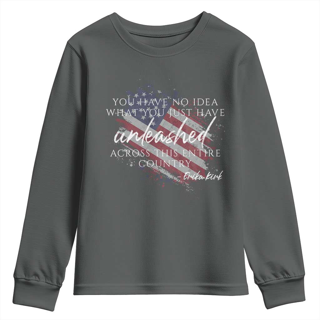 Charlie Kirk Memorial Youth Sweatshirt Erika Kirk Quote Patriotism Faith Gods Merciful Love - Wonder Print Shop