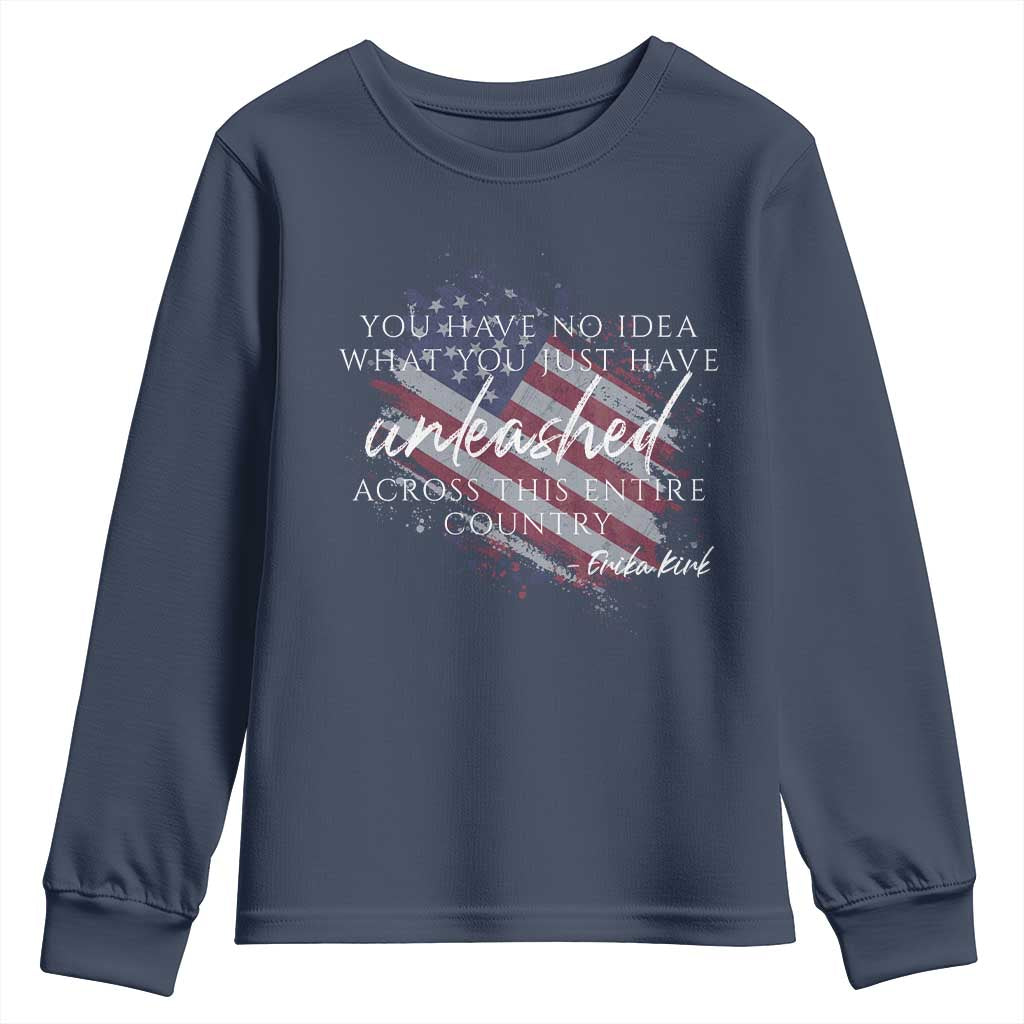 Charlie Kirk Memorial Youth Sweatshirt Erika Kirk Quote Patriotism Faith Gods Merciful Love - Wonder Print Shop