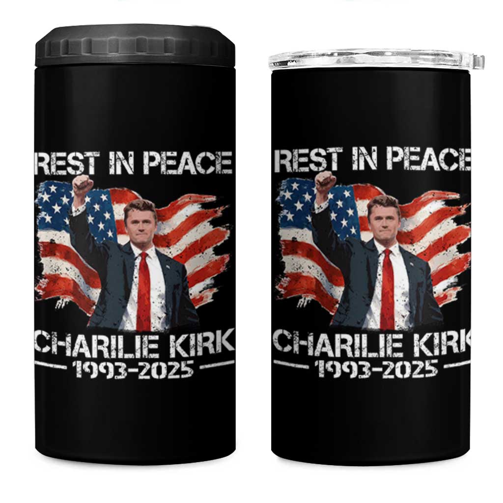 Rest in Peace Charlie Kirk 4 in 1 Can Cooler Tumbler Memorial Tribute Charlie A True Patriot USA Flag - Wonder Print Shop