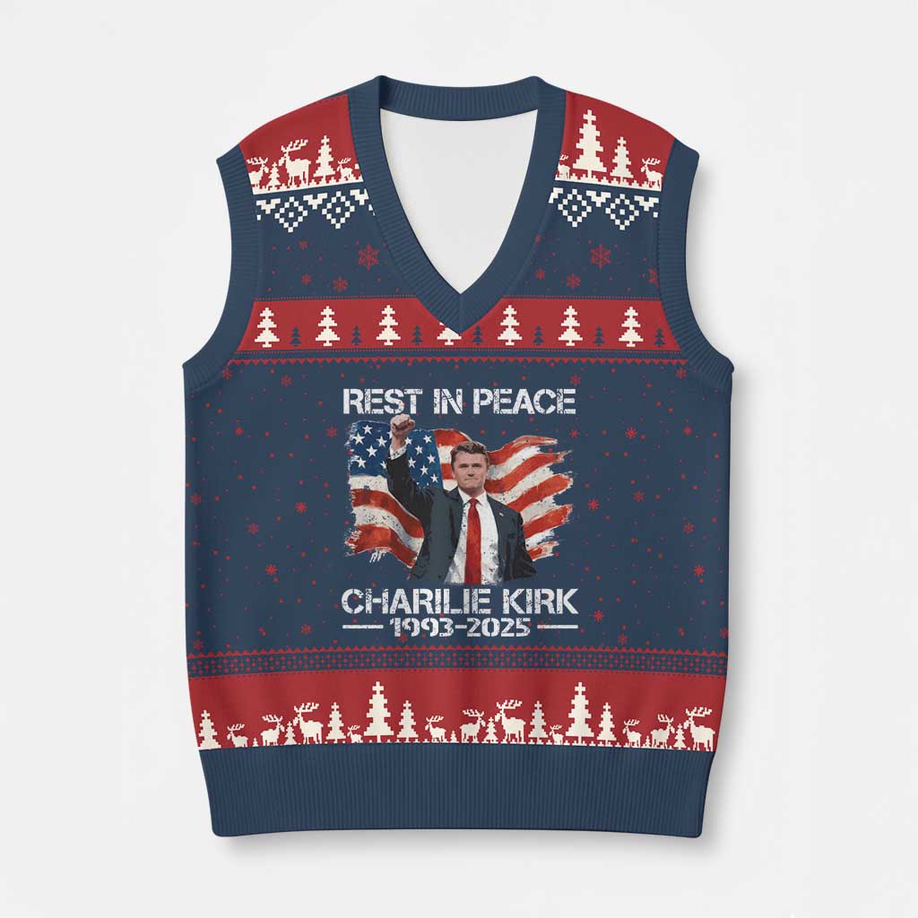 Rest in Peace Charlie Kirk V-Neck Knit Sweater Vest Memorial Tribute Charlie A True Patriot USA Flag - Wonder Print Shop