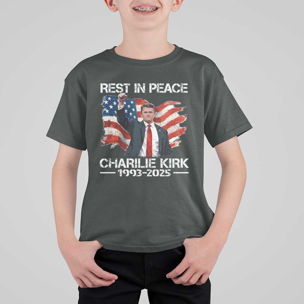 Rest in Peace Charlie Kirk T Shirt For Kid Memorial Tribute Charlie A True Patriot USA Flag - Wonder Print Shop