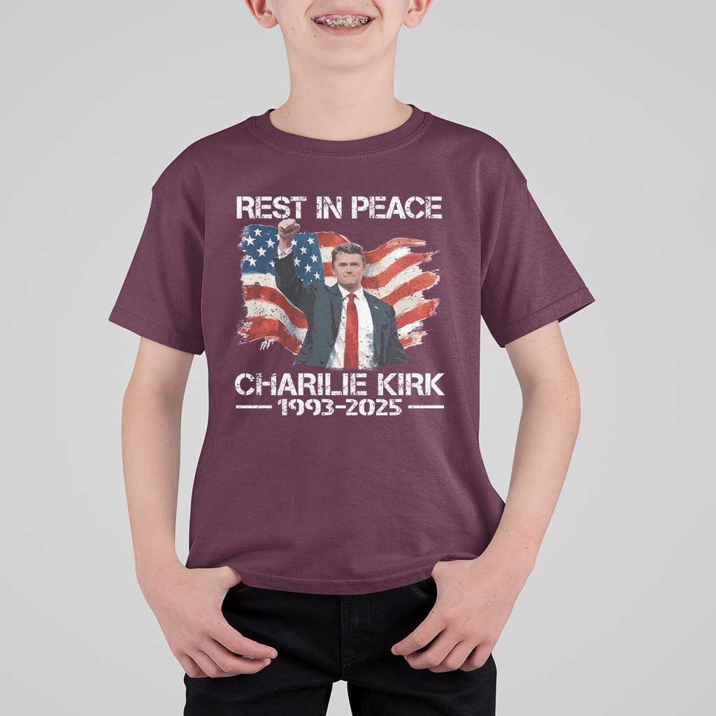 Rest in Peace Charlie Kirk T Shirt For Kid Memorial Tribute Charlie A True Patriot USA Flag - Wonder Print Shop