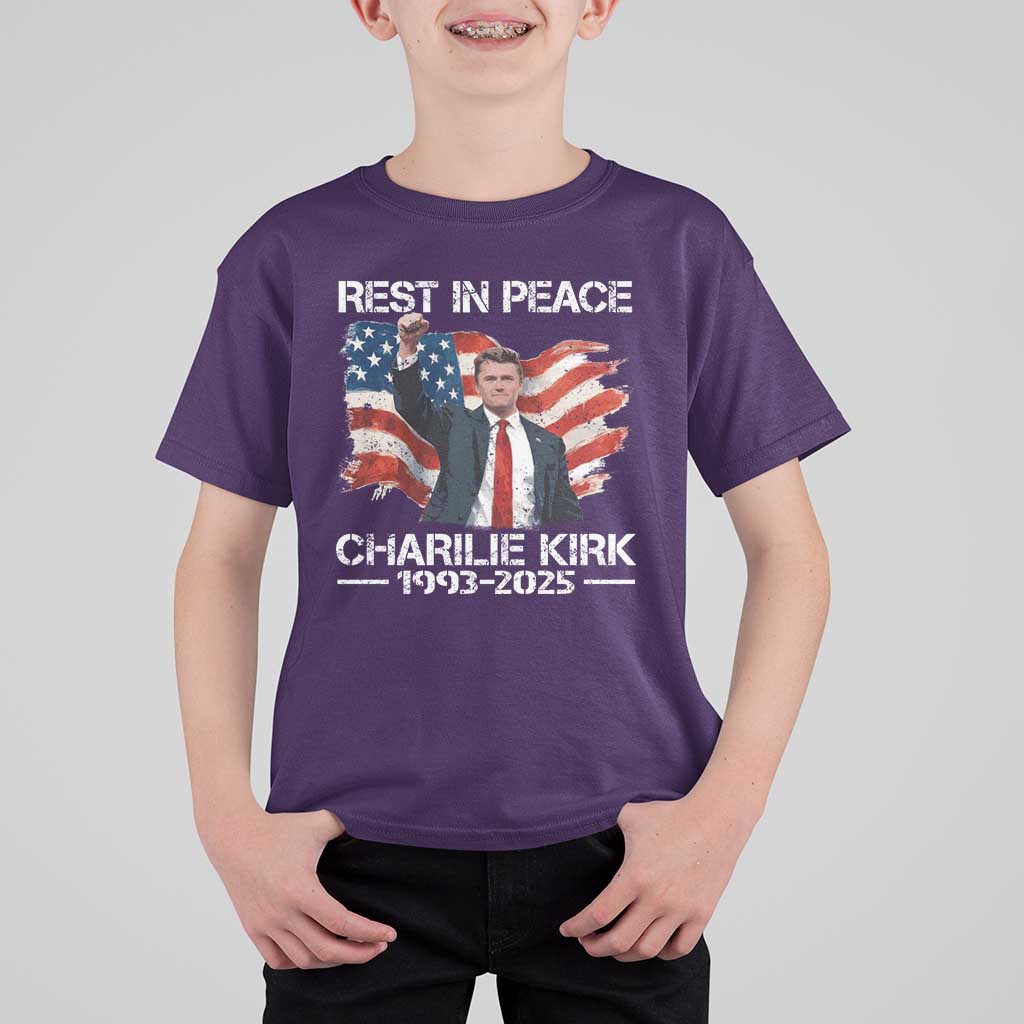 Rest in Peace Charlie Kirk T Shirt For Kid Memorial Tribute Charlie A True Patriot USA Flag - Wonder Print Shop