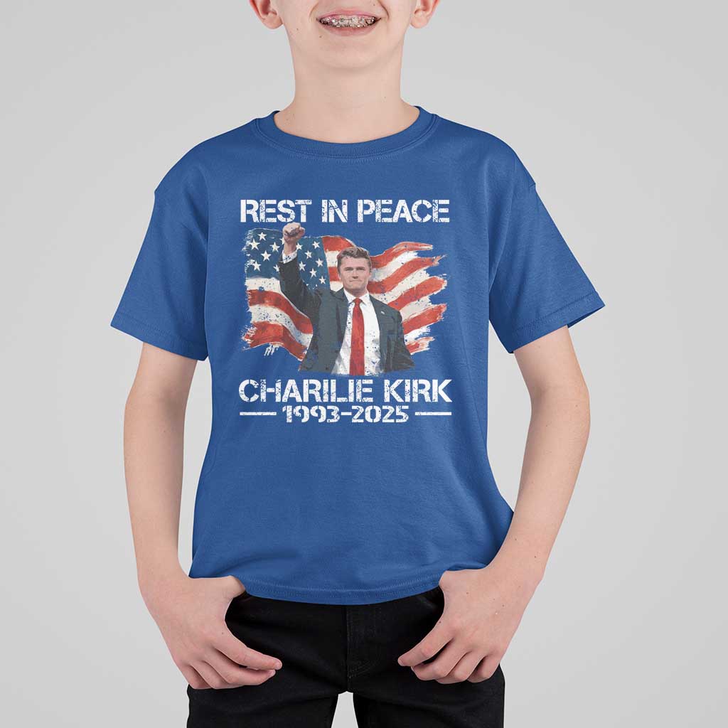 Rest in Peace Charlie Kirk T Shirt For Kid Memorial Tribute Charlie A True Patriot USA Flag - Wonder Print Shop