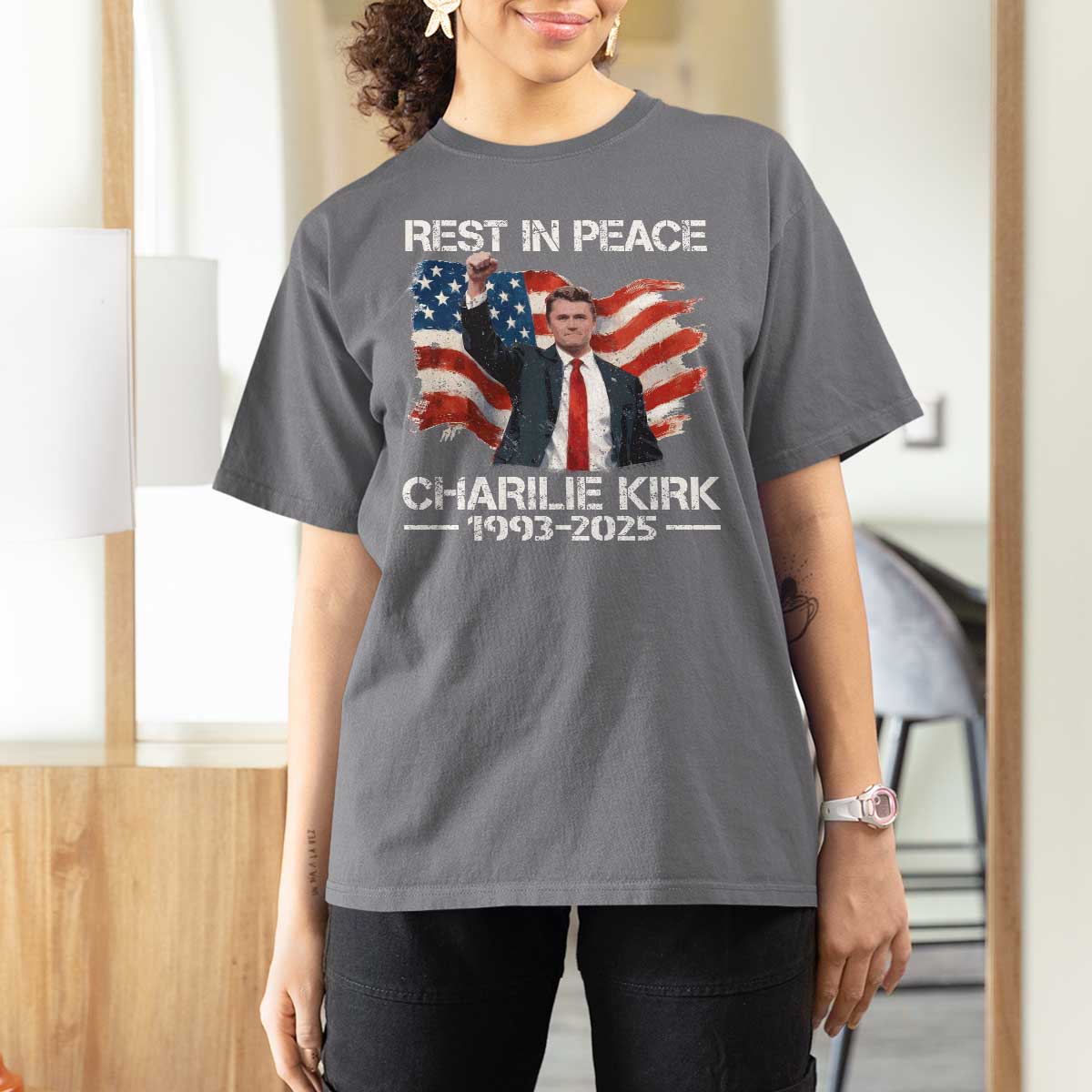 Rest in Peace Charlie Kirk T Shirt For Women Memorial Tribute Charlie A True Patriot USA Flag - Wonder Print Shop