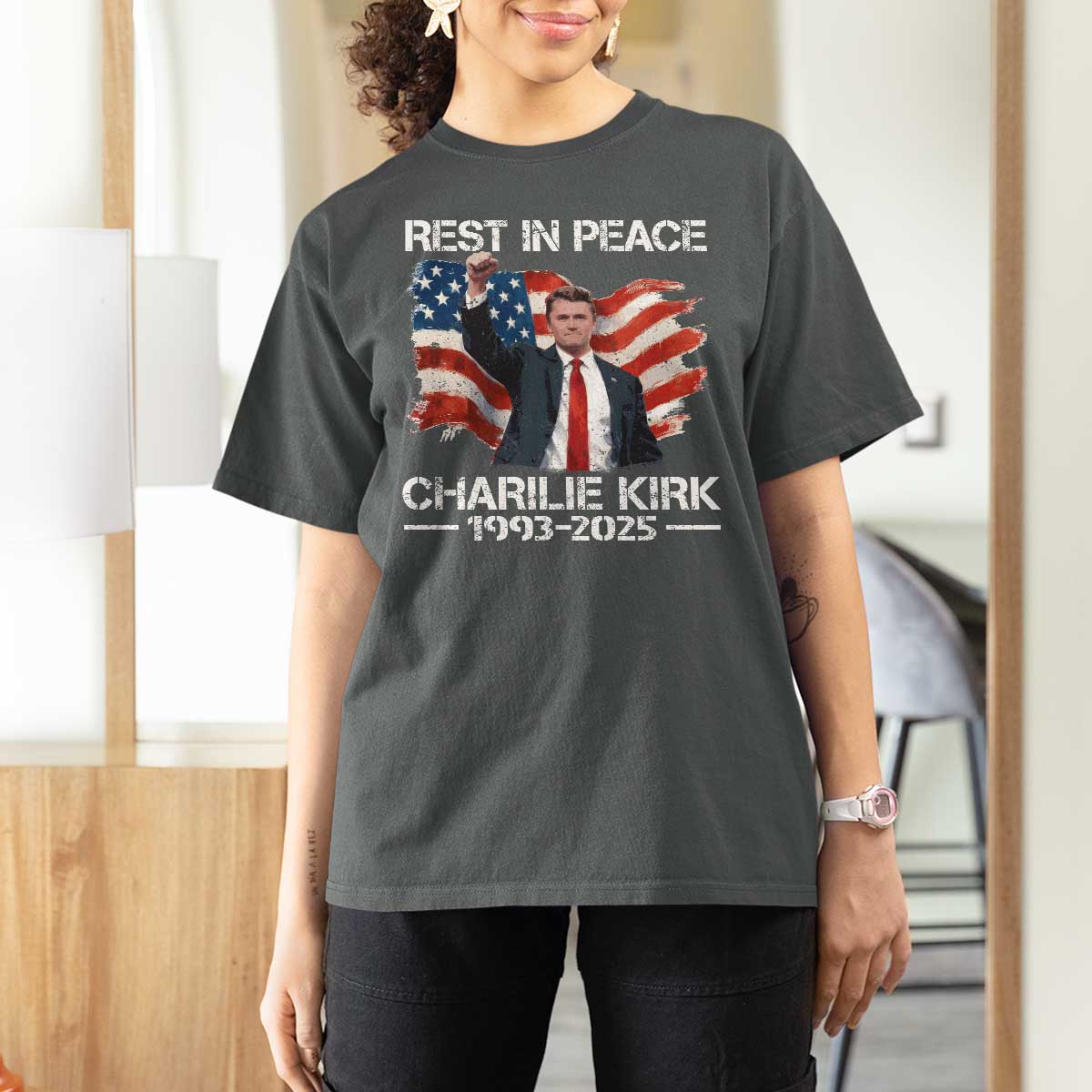 Rest in Peace Charlie Kirk T Shirt For Women Memorial Tribute Charlie A True Patriot USA Flag - Wonder Print Shop