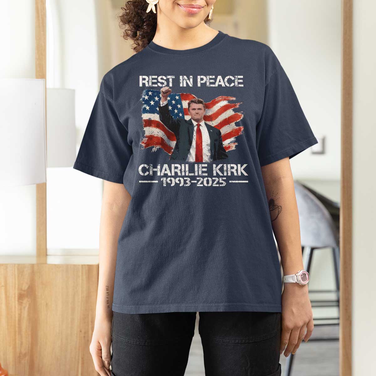Rest in Peace Charlie Kirk T Shirt For Women Memorial Tribute Charlie A True Patriot USA Flag - Wonder Print Shop