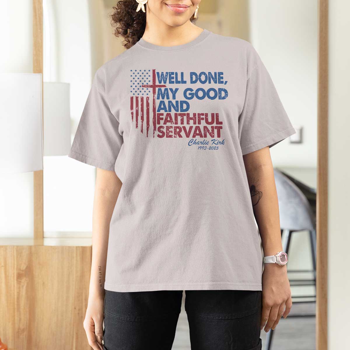 Charlie Kirk T Shirt For Women Fear Not Mens Christian Memorial Tribute Charlie Cross US Flag - Wonder Print Shop