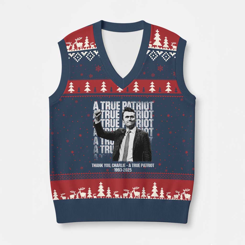 Charlie Kirk Freedom V-Neck Knit Sweater Vest Vintage A True Patriot Patriotic American - Wonder Print Shop