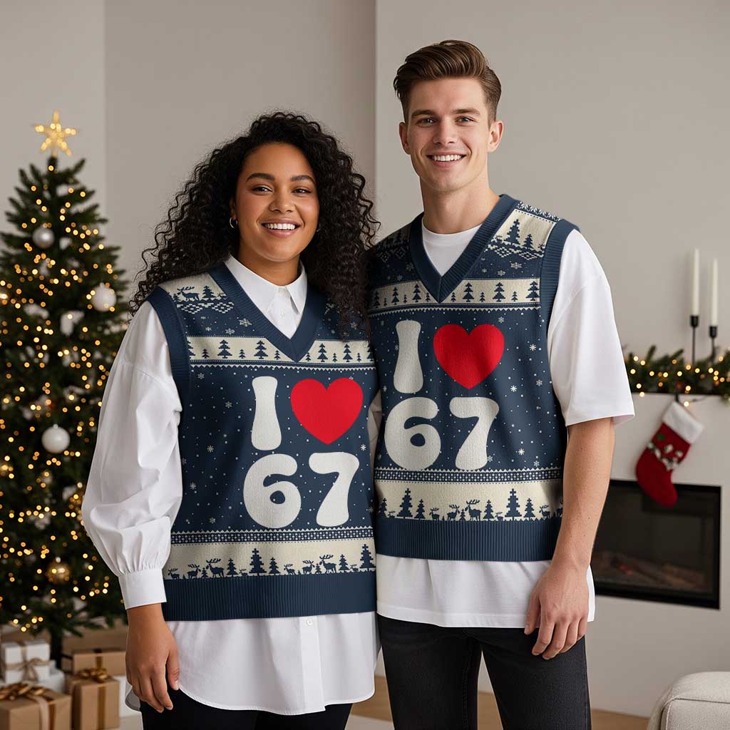 I Love 67 V-Neck Knit Sweater Vest 67th Birthday Six Seven Funny Gen Alpha Slang Saying - Wonder Print Shop