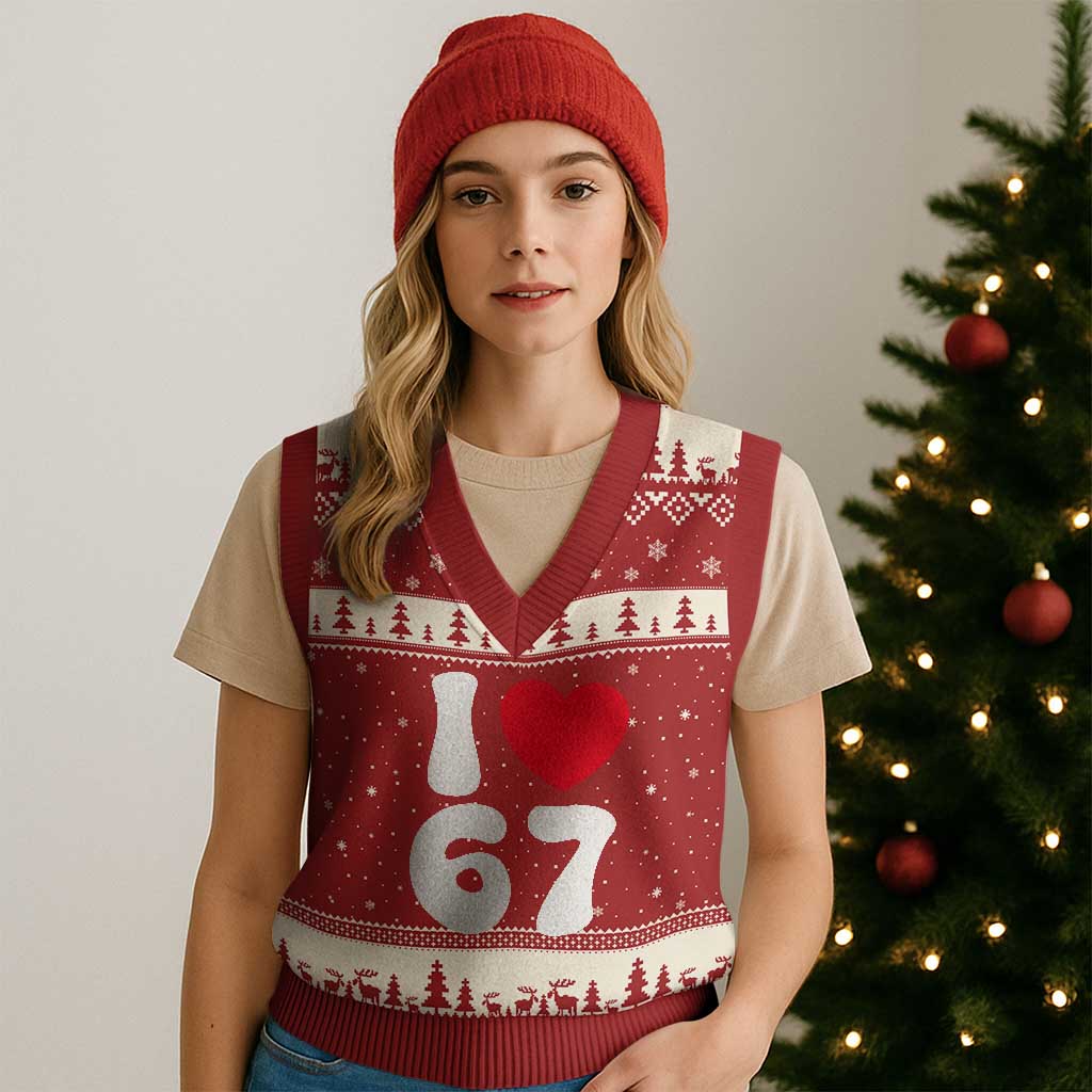 I Love 67 V-Neck Knit Sweater Vest 67th Birthday Six Seven Funny Gen Alpha Slang Saying - Wonder Print Shop