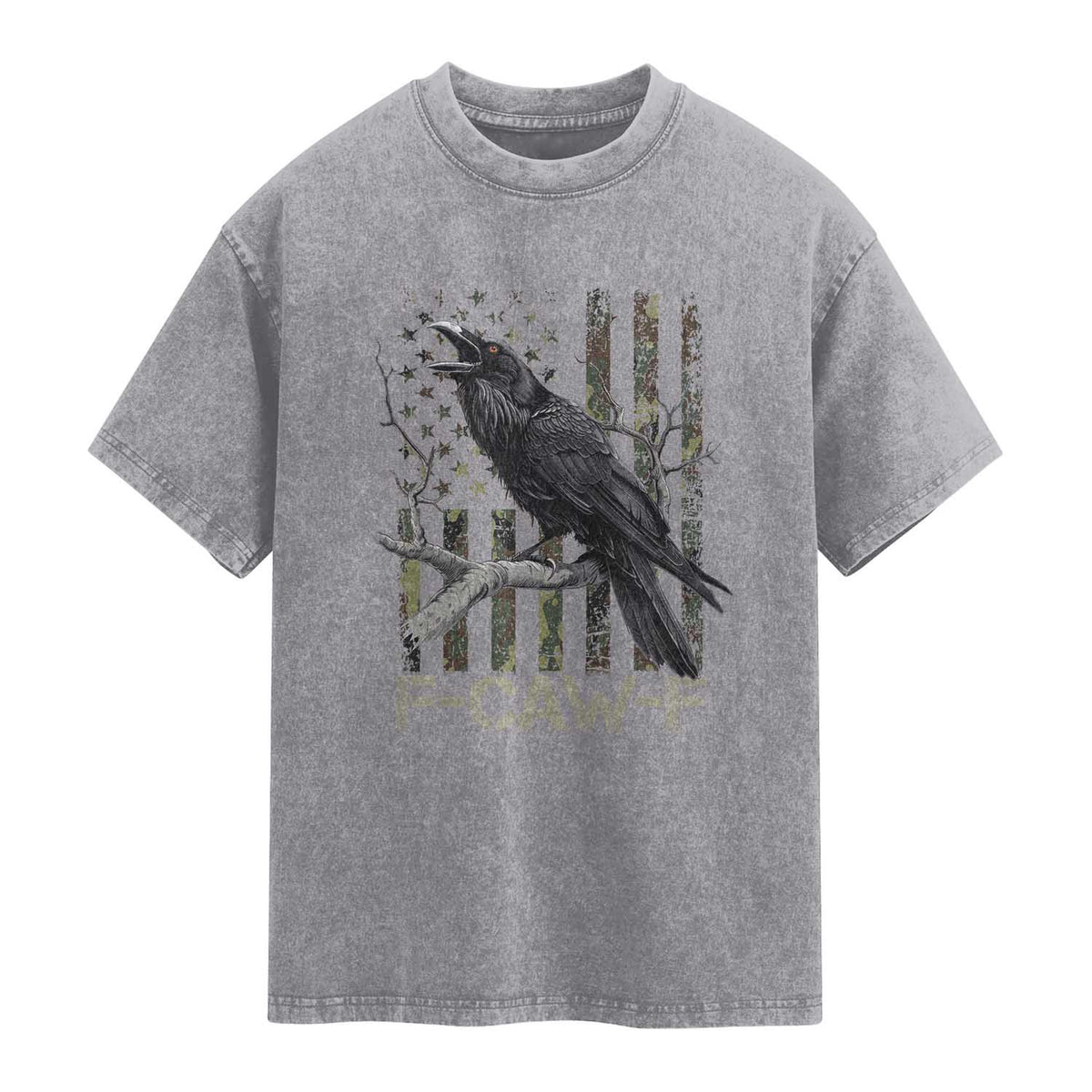 Funny Crow Washed Cotton T-Shirt F-Caw-F Raven Camo USA Flag Adult Humor