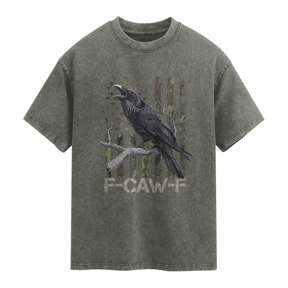 Funny Crow Washed Cotton T-Shirt F-Caw-F Raven Camo USA Flag Adult Humor