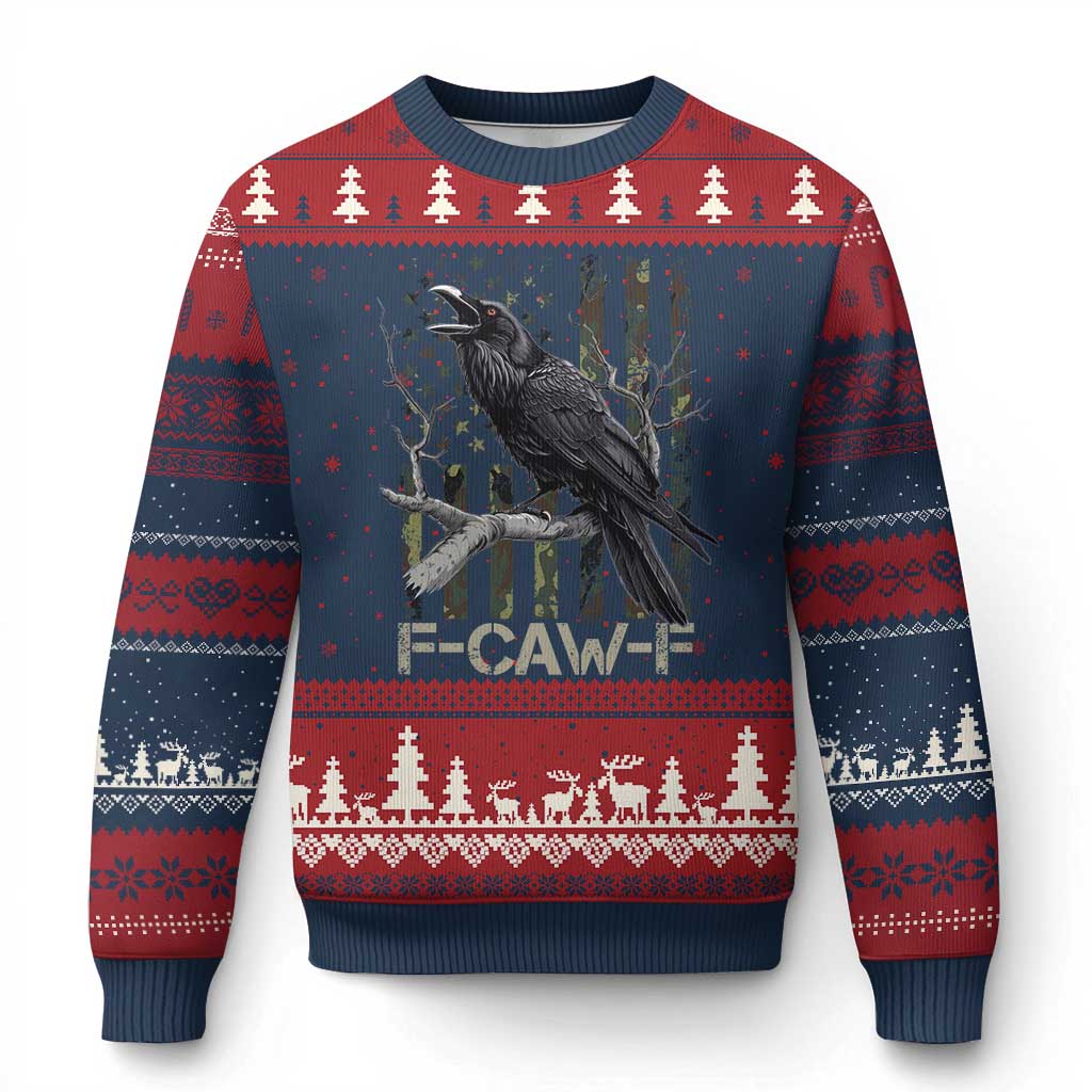 Funny Crow Ugly Christmas Sweater F-Caw-F Raven Camo USA Flag Adult Humor - Wonder Print Shop