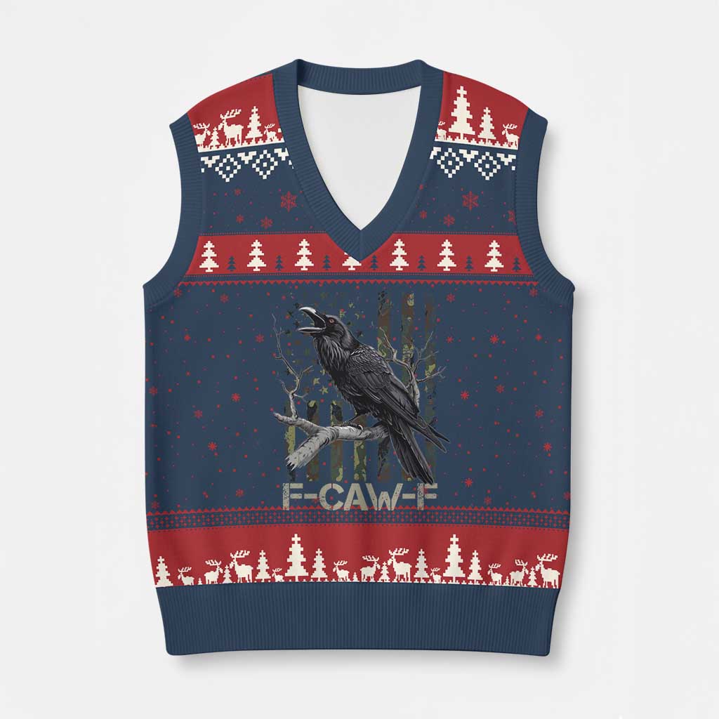 Funny Crow V-Neck Knit Sweater Vest F-Caw-F Raven Camo USA Flag Adult Humor - Wonder Print Shop