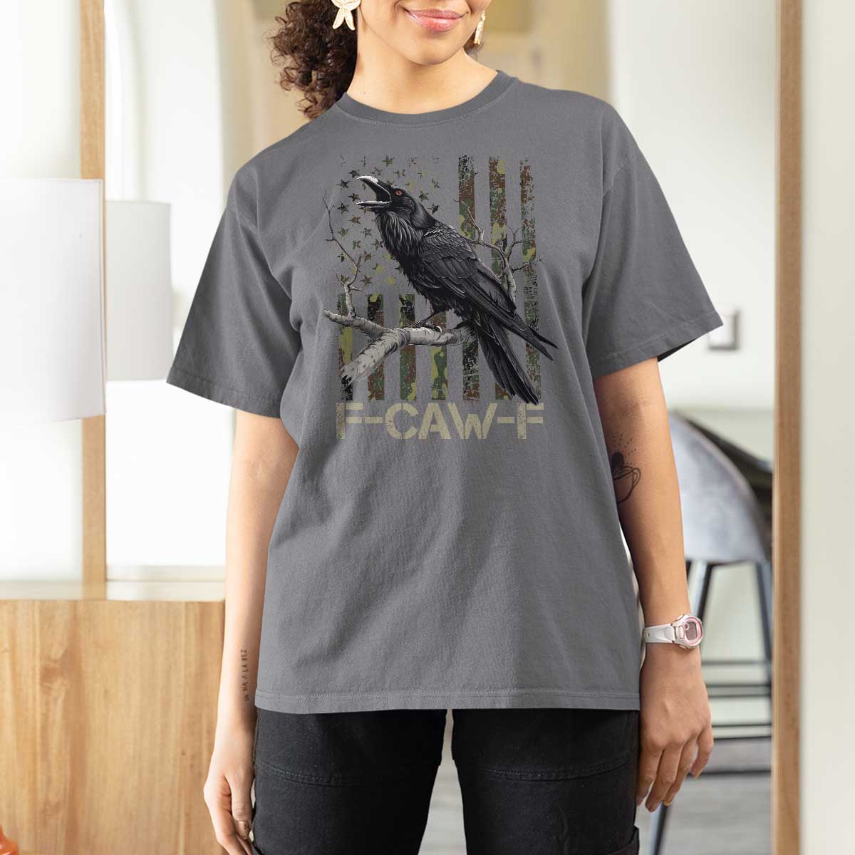 Funny Crow T Shirt For Women F-Caw-F Raven Camo USA Flag Adult Humor - Wonder Print Shop