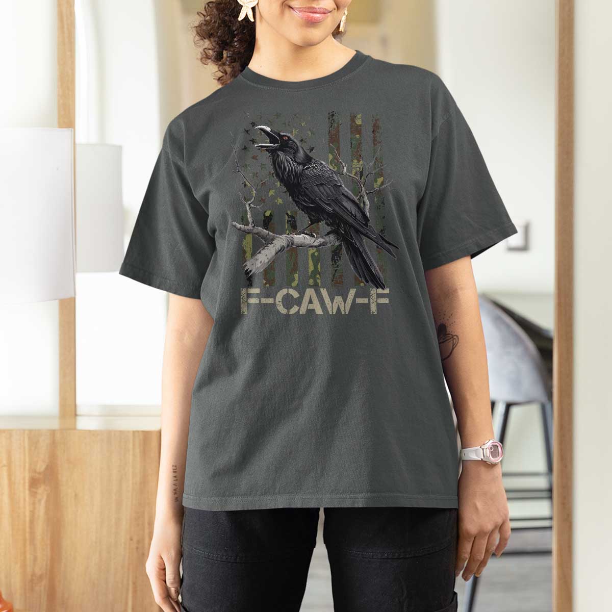 Funny Crow T Shirt For Women F-Caw-F Raven Camo USA Flag Adult Humor - Wonder Print Shop