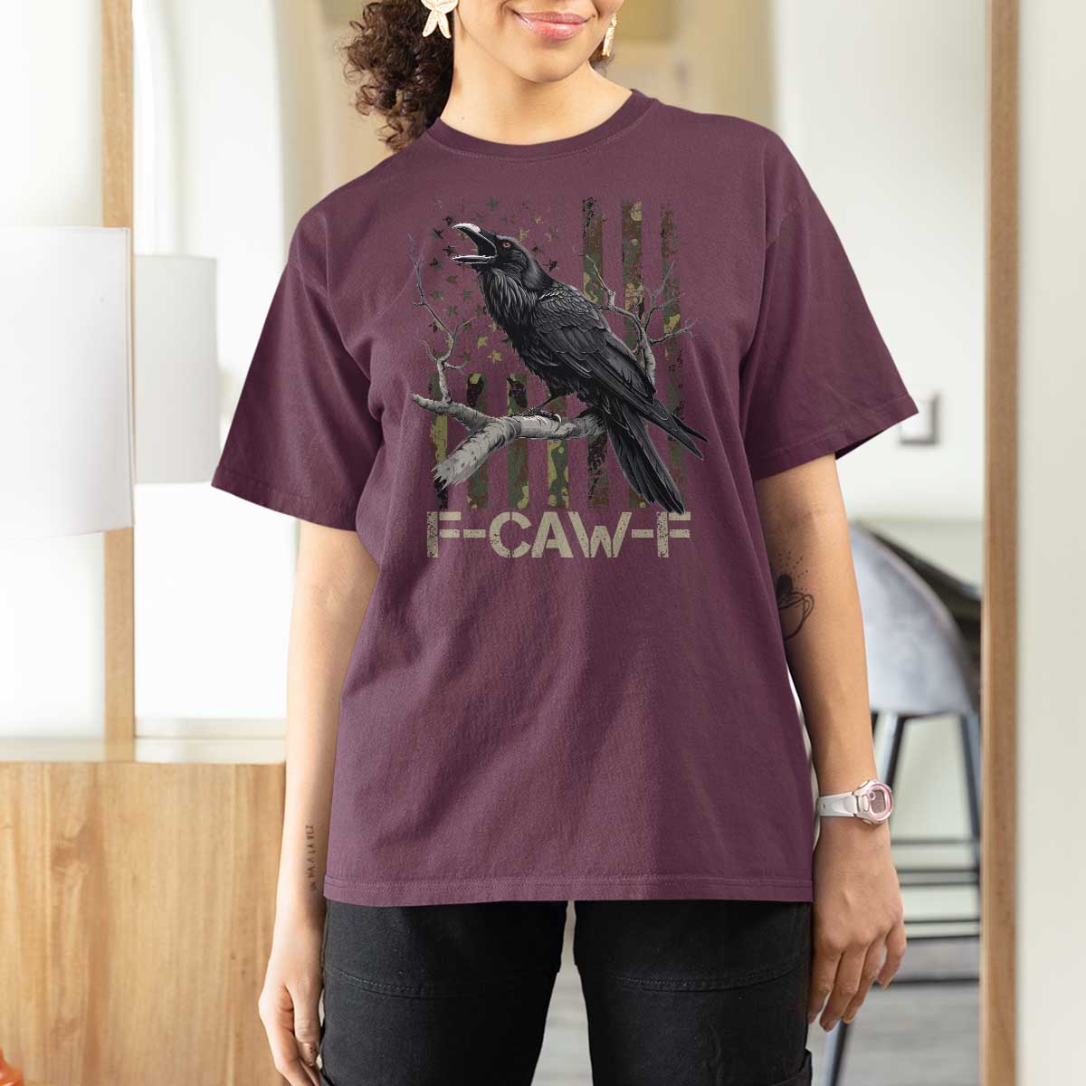 Funny Crow T Shirt For Women F-Caw-F Raven Camo USA Flag Adult Humor - Wonder Print Shop