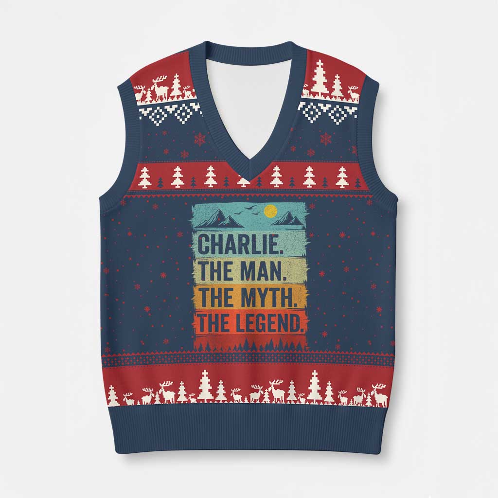 Charlie The Man The Myth The Legend V-Neck Knit Sweater Vest Retro Vintage - Wonder Print Shop