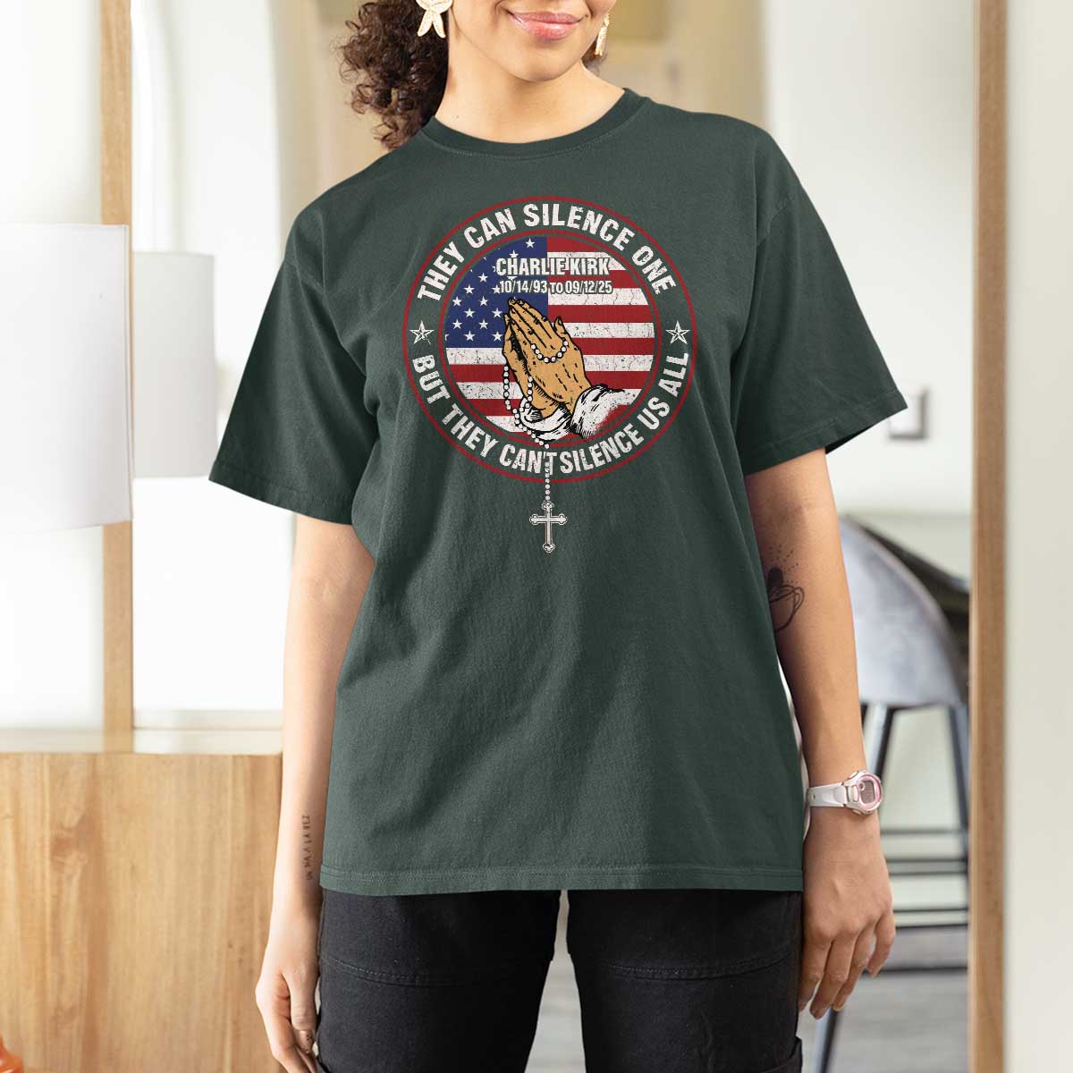 Charlie Kirk Memorial T Shirt For Women Retro American Flag - Wonder Print Shop