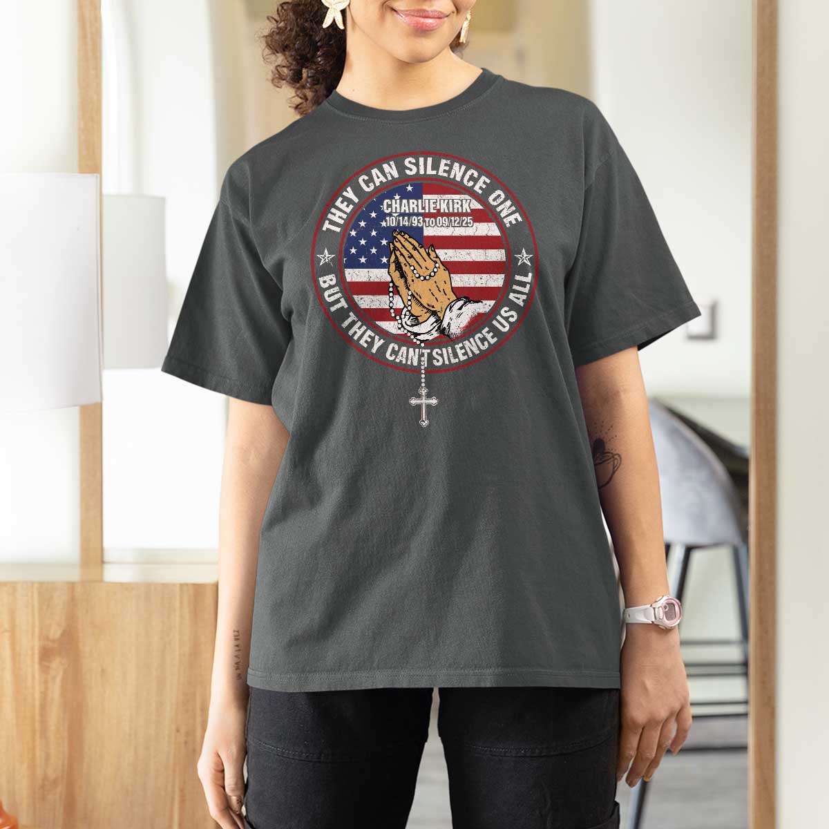 Charlie Kirk Memorial T Shirt For Women Retro American Flag - Wonder Print Shop