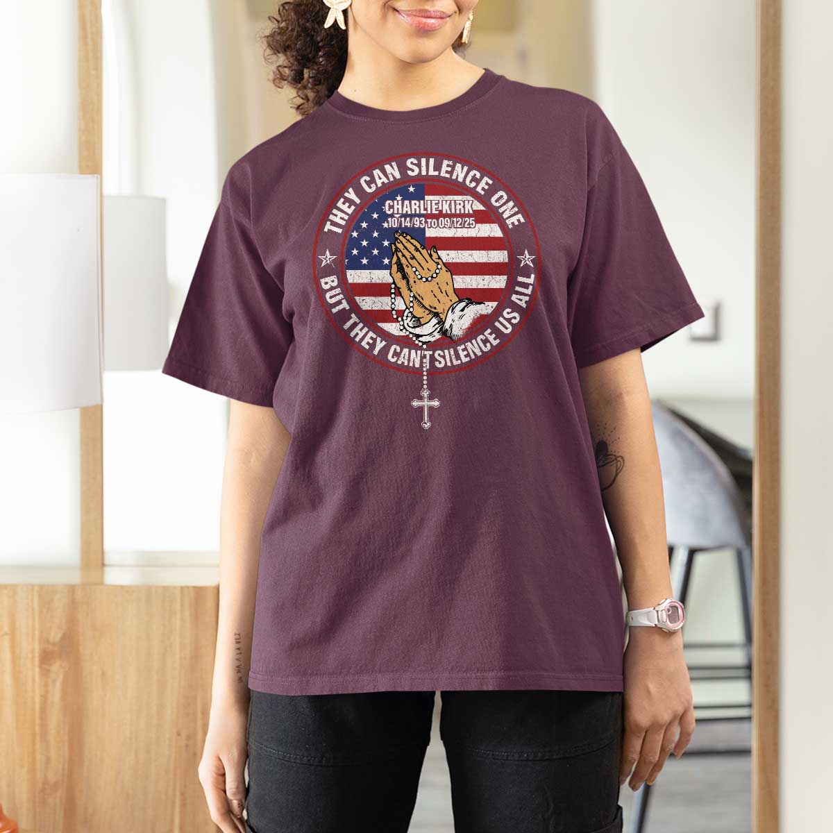 Charlie Kirk Memorial T Shirt For Women Retro American Flag - Wonder Print Shop