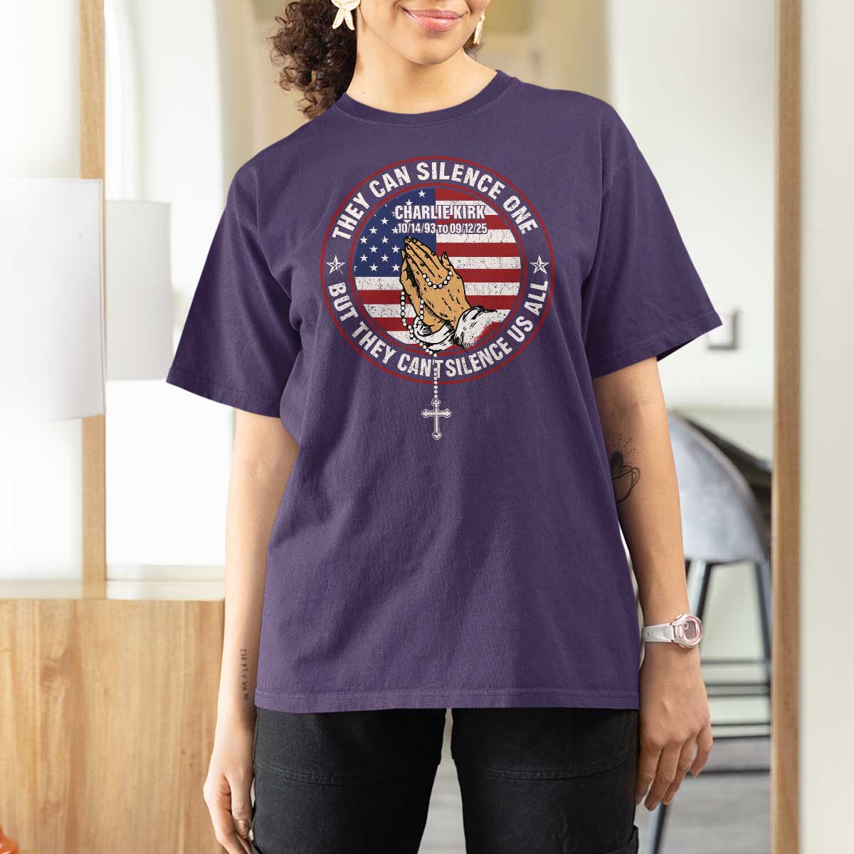 Charlie Kirk Memorial T Shirt For Women Retro American Flag - Wonder Print Shop