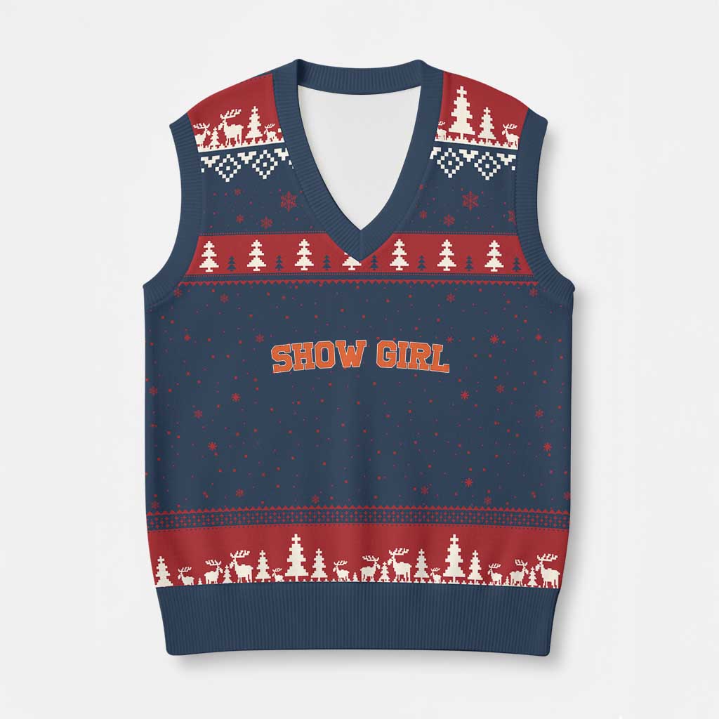 Showgirl V-Neck Knit Sweater Vest Retro Vintage Varsity Sports Orange Text - Wonder Print Shop