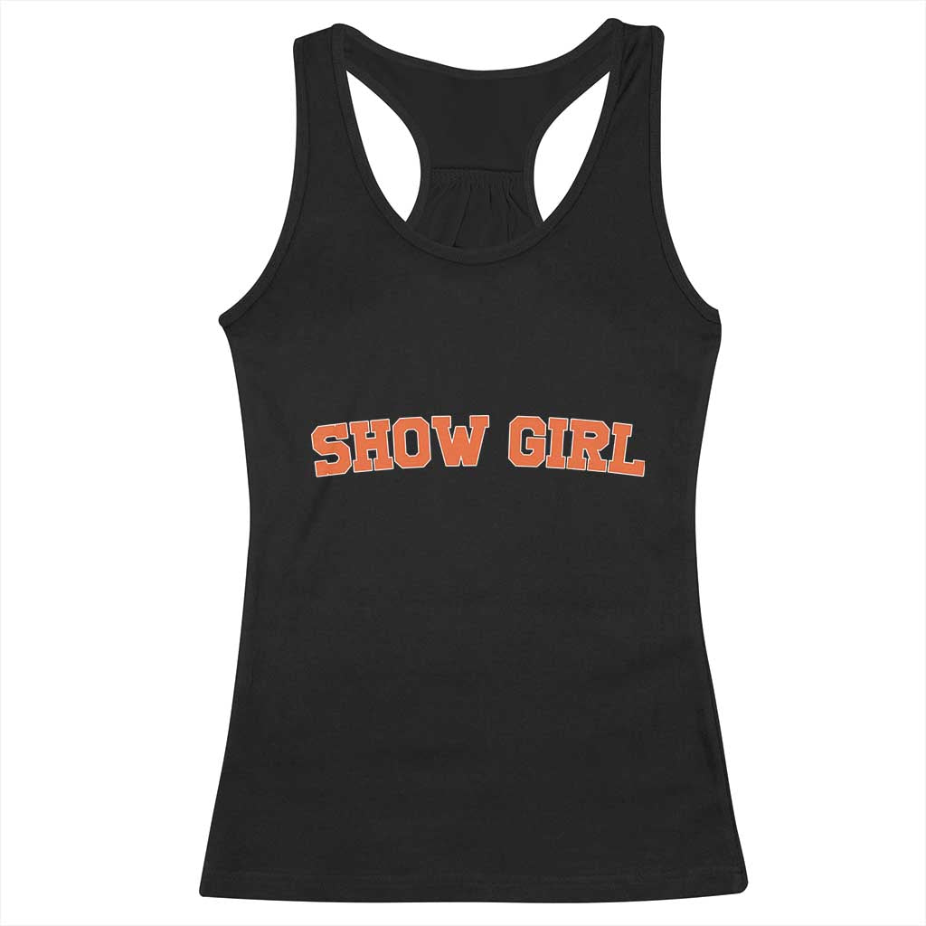 Showgirl Racerback Tank Top Retro Vintage Varsity Sports Orange Text - Wonder Print Shop