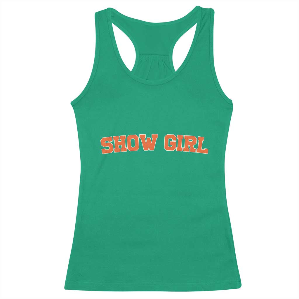 Showgirl Racerback Tank Top Retro Vintage Varsity Sports Orange Text - Wonder Print Shop