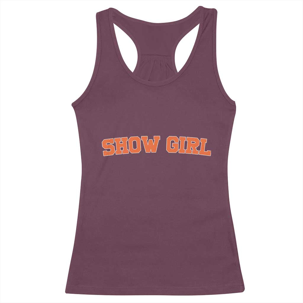 Showgirl Racerback Tank Top Retro Vintage Varsity Sports Orange Text - Wonder Print Shop