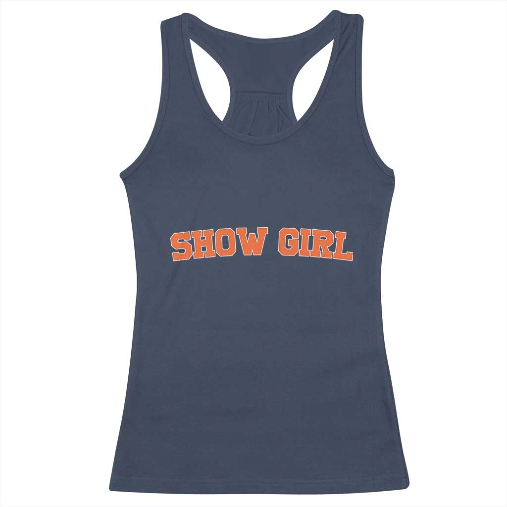 Showgirl Racerback Tank Top Retro Vintage Varsity Sports Orange Text - Wonder Print Shop