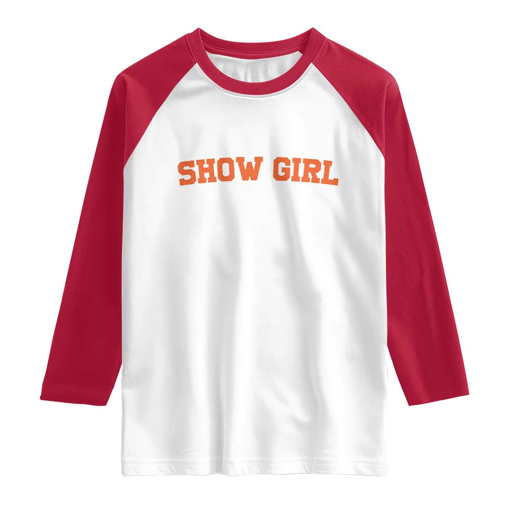 Showgirl Raglan Shirt Retro Vintage Varsity Sports Orange Text - Wonder Print Shop