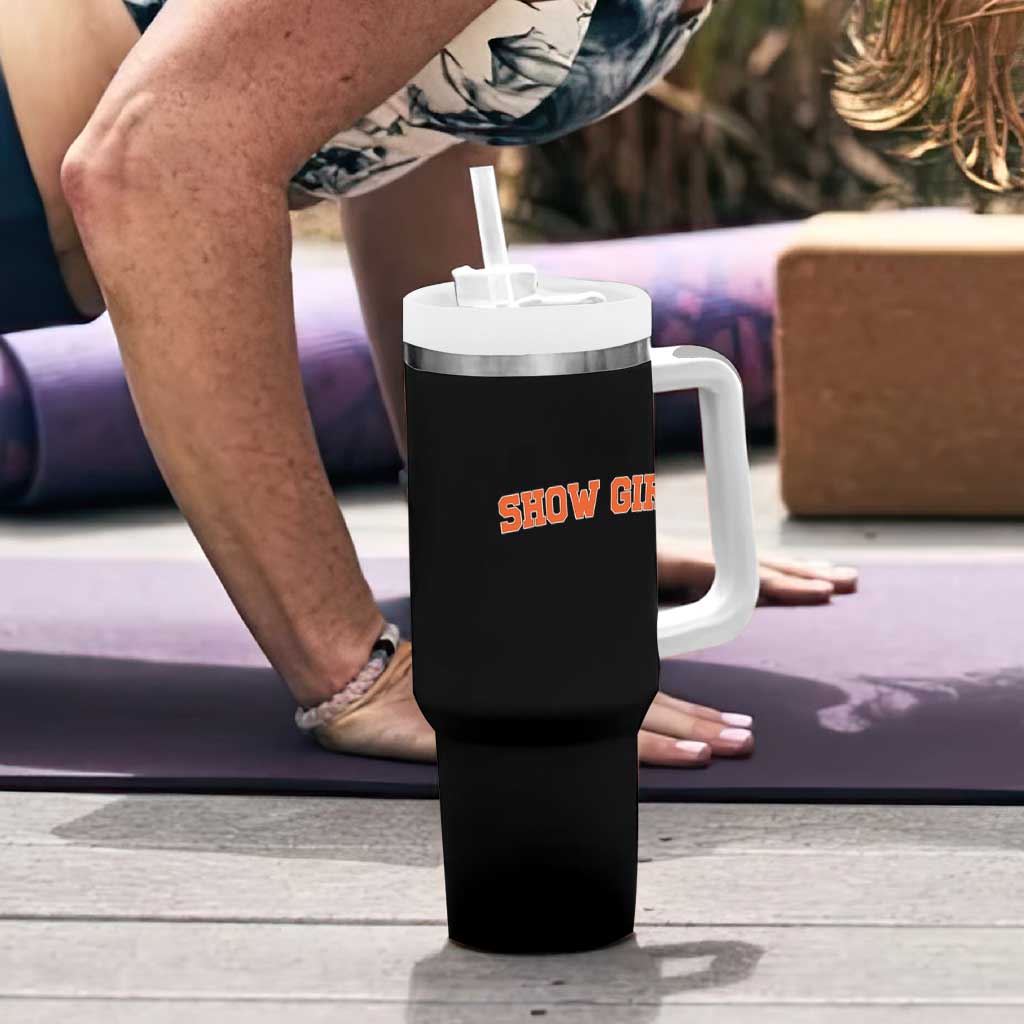 Showgirl Tumbler With Handle Retro Vintage Varsity Sports Orange Text - Wonder Print Shop